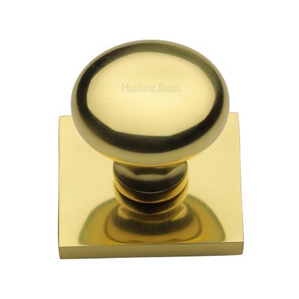 Heritage Brass Cabinet Knob Victorian Round Design with Square Backplate 32mm Polished Brass finish