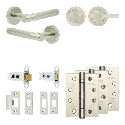 Complete Venice Door Handle Pack - Heavy Duty Tubular Bathroom (Plain Thumb Turn) - Satin Nickel - 64mm / 4-inch Hinges - JE-F30A2-SN