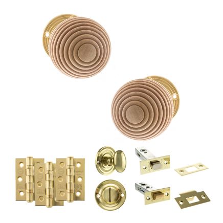 Old English Bridlington Door Knob Pack (Bathroom Set - 3" Deadbolt, 3" Fire Rated Hinges x3) - Polished Brass