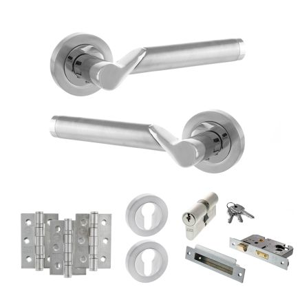STATUS Hawaii Door Handle Pack (Euro Lock Set - 2.5" CE Sashlock, 3" Fire Rated Hinges x3) - Satin Chrome/Polished Chrome