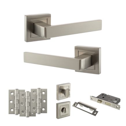 STATUS Montana Door Handle Pack (Bathroom Set - 2.5" CE Bathroom Lock, 3" Fire Rated Hinges x3) - Satin Nickel