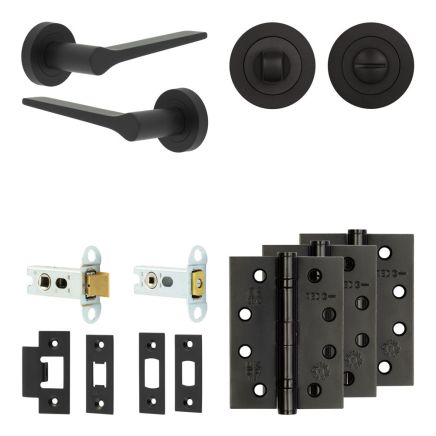 Complete Gio Door Handle Pack - Heavy Duty Tubular Bathroom (Standard Thumb Turn) - Matt Black - 64mm / 4-inch Hinges - JE-E30A3-MB
