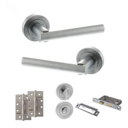 STATUS Nebraska Door Handle Pack (Bathroom Set - 2.5" CE Bathroom Lock, 4" Slim Knuckle Hinges x2) - Satin Chrome