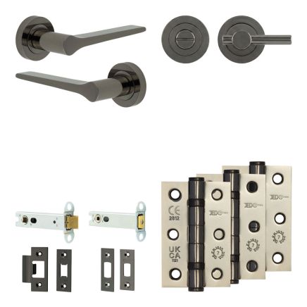 Complete Gio Door Handle Pack - Heavy Duty Tubular Bathroom (Plain Thumb Turn) - Black Nickel - 102mm / 3-inch Hinges - JE-E32B2-BN