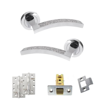 Senza Pari Crystal Door Handle Pack (Latch Set - 3" CE Latch, 4" Slim Knuckle Hinges x2) - Polished Chrome