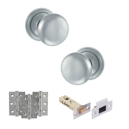 Old English Harrogate Door Knob Pack (Latch Set - 3" HD Latch, 3" Fire Rated Hinges x3) - Satin Chrome