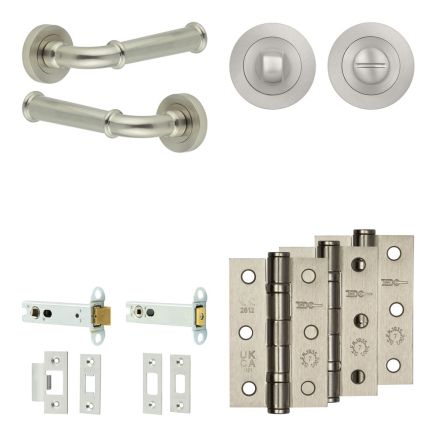 Complete Classic Door Handle Pack - Heavy Duty Tubular Bathroom (Standard Thumb Turn) - Satin Nickel - 102mm / 3-inch Hinges - JE-A32B3-SN
