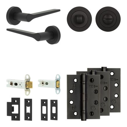 Complete Gio Door Handle Pack - Heavy Duty Tubular Bathroom (Standard Thumb Turn) - Matt Black - 76mm / 4-inch Hinges - JE-E31A3-MB
