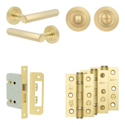 Complete Hex Door Handle Pack - Bathroom Lock (Standard Thumb Turn) - Satin Brass - 76mm / 3-inch Hinges - JE-C6B3-SB