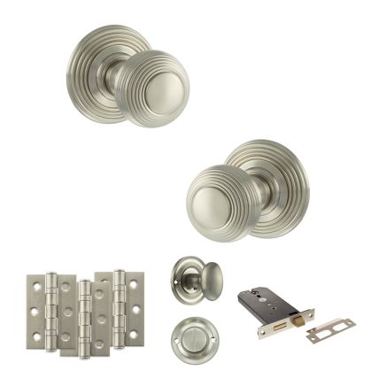 Old English Ripon Door Knob Pack (Lock Set - Horizontal Bathlock, 3" Fire Rated Hinges x3) - Satin Nickel