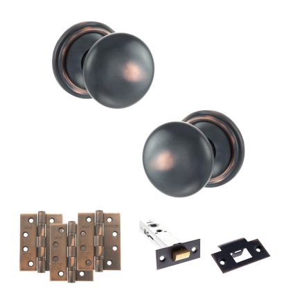 Old English Harrogate Door Knob Pack (Latch Set - 3" HD Latch, 4" Fire Rated Hinges x3) - Antique Copper