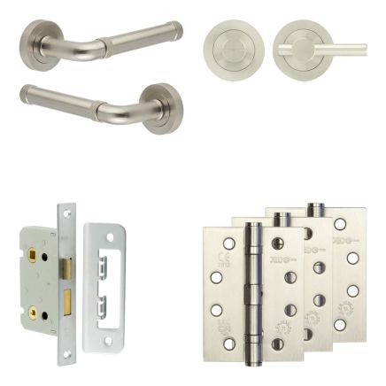 Complete Midtown Door Handle Pack - Bathroom Lock (Plain Thumb Turn) - Satin Nickel - 65mm / 4-inch Hinges - JE-G5A2-SN