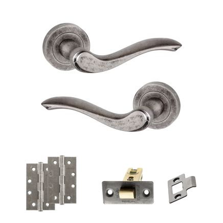 Old English Warwick Door Handle Pack (Latch Set - 2.5" CE Latch, 4" Slim Knuckle Hinges x2) - Distressed Silver