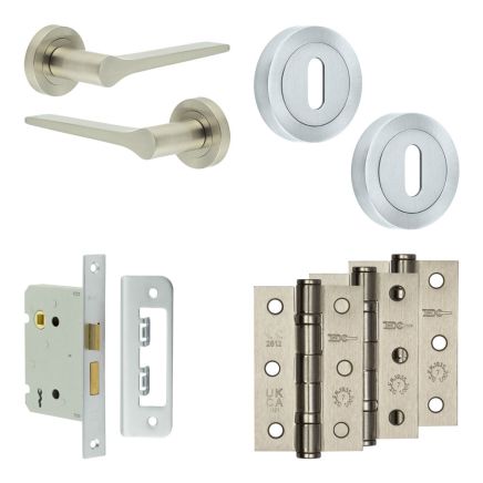 Complete Gio Door Handle Pack - Sashlock - Satin Nickel - 76mm / 3-inch Hinges - JE-E8B8-SN