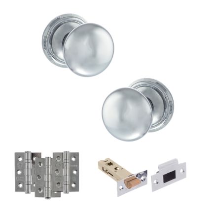 Old English Harrogate Door Knob Pack (Latch Set - 4" HD Latch, 3" Fire Rated Hinges x3) - Polished Chrome
