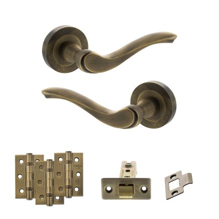 Old English Warwick Door Handle Pack (Latch Set - 2.5" CE Latch, 3" Fire Rated Hinges x3) - Matt Antique Brass