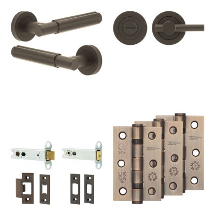 Complete Bloom Door Handle Pack - Heavy Duty Tubular Bathroom (Plain Thumb Turn) - Dark Bronze - 102mm / 3-inch Hinges - JE-B32B2-DB