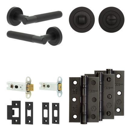 Complete Venice Door Handle Pack - Heavy Duty Tubular Bathroom (Standard Thumb Turn) - Matt Black - 76mm / 3-inch Hinges - JE-F31B3-MB