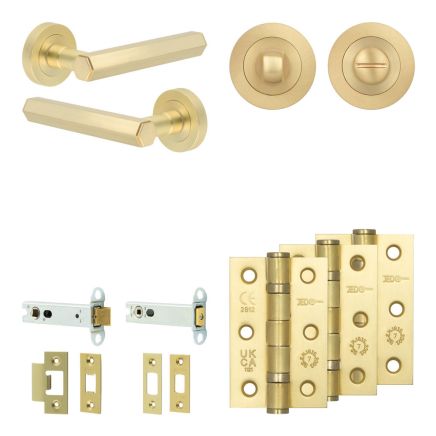 Complete Hex Door Handle Pack - Heavy Duty Tubular Bathroom (Standard Thumb Turn) - Satin Brass - 102mm / 3-inch Hinges - JE-C32B3-SB