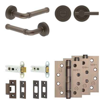 Complete Midtown Door Handle Pack - Heavy Duty Tubular Bathroom (Knurled Thumb Turn) - Dark Bronze - 76mm / 4-inch Hinges - JE-G31A1-DB