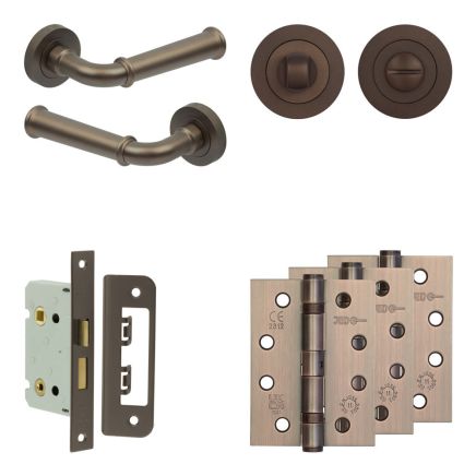 Complete Classic Door Handle Pack - Bathroom Lock (Standard Thumb Turn) - Dark Bronze - 65mm / 4-inch Hinges - JE-A5A3-DB