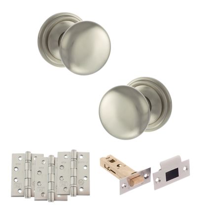 Old English Harrogate Door Knob Pack (Latch Set - 3" HD Latch, 4" Fire Rated Hinges x3) - Satin Nickel