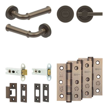 Complete Classic Door Handle Pack - Heavy Duty Tubular Bathroom (Plain Thumb Turn) - Dark Bronze - 76mm / 3-inch Hinges - JE-A31B2-DB