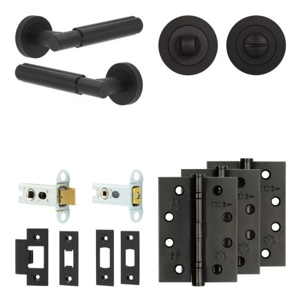 Complete Bloom Door Handle Pack - Heavy Duty Tubular Bathroom (Standard Thumb Turn) - Matt Black - 64mm / 4-inch Hinges - JE-B30A3-MB