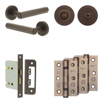Complete Hex Door Handle Pack - Bathroom Lock (Standard Thumb Turn) - Dark Bronze - 76mm / 3-inch Hinges - JE-C6B3-DB
