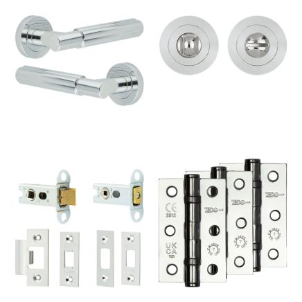 Complete Bloom Door Handle Pack - Heavy Duty Tubular Bathroom (Standard Thumb Turn) - Polished Chrome - 64mm / 3-inch Hinges - JE-B30B3-PC