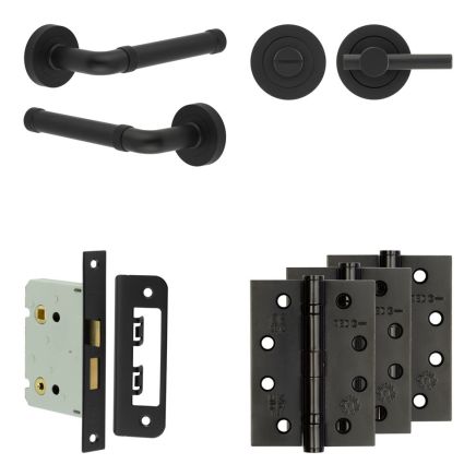 Complete Midtown Door Handle Pack - Bathroom Lock (Plain Thumb Turn) - Matt Black - 76mm / 4-inch Hinges - JE-G6A2-MB