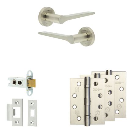 Complete Gio Door Handle Pack - Heavy Duty Latch - Satin Nickel - 64mm / 4-inch Hinges - JE-E20A-SN