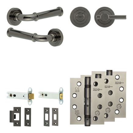 Complete Classic Door Handle Pack - Heavy Duty Tubular Bathroom (Plain Thumb Turn) - Black Nickel - 102mm / 4-inch Hinges - JE-A32A2-BN