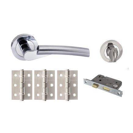 STATUS Florida Door Handle Pack (Bathroom Set - 2.5" CE Bathroom Lock, 3" Fire Rated Hinges x3) - Satin Chrome/Polished Chrome
