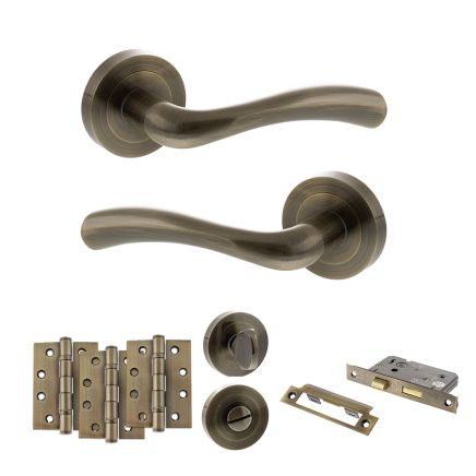STATUS Texas Door Handle Pack (Bathroom Set - 3" CE Bathroom Lock, 4" Fire Rated Hinges x3) - Antique Brass