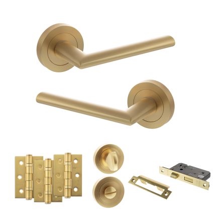 STATUS Alabama Door Handle Pack (Bathroom Set - 3" CE Bathroom Lock, 3" Fire Rated Hinges x3) - Satin Brass