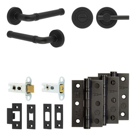 Complete Midtown Door Handle Pack - Heavy Duty Tubular Bathroom (Plain Thumb Turn) - Matt Black - 64mm / 3-inch Hinges - JE-G30B2-MB