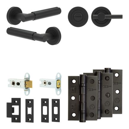 Complete Bloom Door Handle Pack - Heavy Duty Tubular Bathroom (Plain Thumb Turn) - Matt Black - 64mm / 3-inch Hinges - JE-B30B2-MB