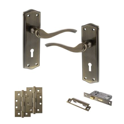 Old English Warwick Door Handle Pack (3 Lever Lock Set - 2.5" CE Sashlock, 4" Slim Knuckle Hinges x2) - Antique Brass
