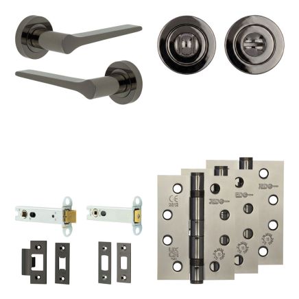 Complete Gio Door Handle Pack - Heavy Duty Tubular Bathroom (Standard Thumb Turn) - Black Nickel - 102mm / 4-inch Hinges - JE-E32A3-BN