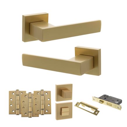 Senza Pari Panetti Door Handle Pack (Bathroom Set - 2.5" CE Bathroom Lock, 4" Fire Rated Hinges x3) - Satin Brass