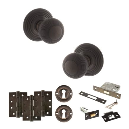 Old English Ripon Door Knob Pack (Lock Set - 3" Latch & Deadlock, 4" Fire Rated Hinges x3) - Urban Dark Bronze