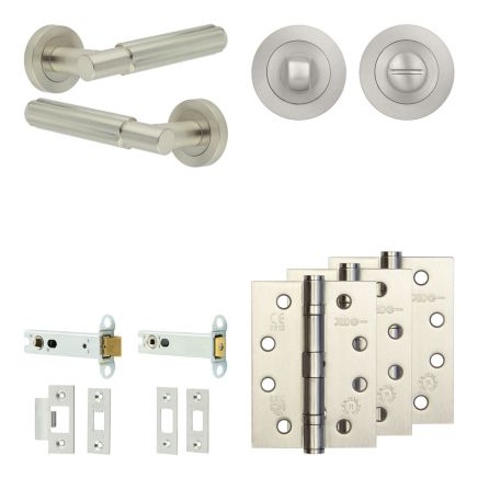 Complete Bloom Door Handle Pack - Heavy Duty Tubular Bathroom (Standard Thumb Turn) - Satin Nickel - 102mm / 4-inch Hinges - JE-B32A3-SN
