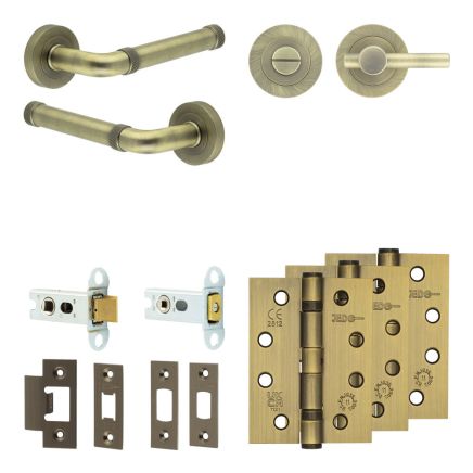 Complete Midtown Door Handle Pack - Heavy Duty Tubular Bathroom (Plain Thumb Turn) - Antique Brass - 64mm / 4-inch Hinges - JE-G30A2-AB