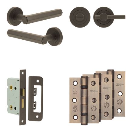 Complete Hex Door Handle Pack - Bathroom Lock (Plain Thumb Turn) - Dark Bronze - 65mm / 3-inch Hinges - JE-C5B2-DB