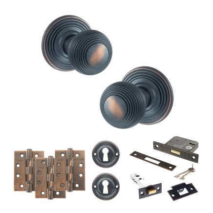 Old English Ripon Door Knob Pack (Lock Set - 3" Latch & Deadlock, 4" Fire Rated Hinges x3) - Antique Copper