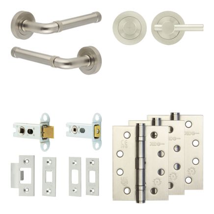 Complete Midtown Door Handle Pack - Heavy Duty Tubular Bathroom (Plain Thumb Turn) - Satin Nickel - 64mm / 4-inch Hinges - JE-G30A2-SN