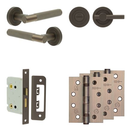 Complete Bari Door Handle Pack - Bathroom Lock (Knurled Thumb Turn) - Dark Bronze - 76mm / 4-inch Hinges - JE-D6A1-DB