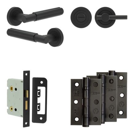 Complete Bloom Door Handle Pack - Bathroom Lock (Plain Thumb Turn) - Matt Black - 76mm / 3-inch Hinges - JE-B6B2-MB