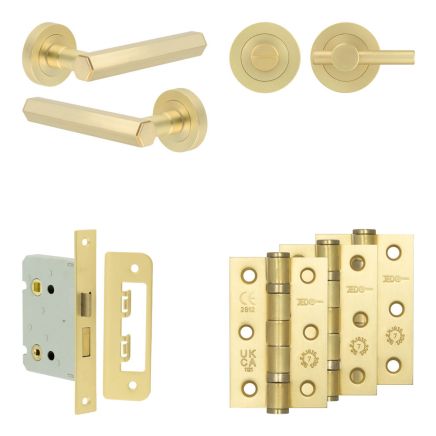 Complete Hex Door Handle Pack - Bathroom Lock (Plain Thumb Turn) - Satin Brass - 76mm / 3-inch Hinges - JE-C6B2-SB